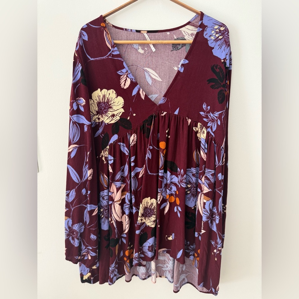 Free People V-Neck Floral Tunic Top in Burgundy with Lavender and Cream